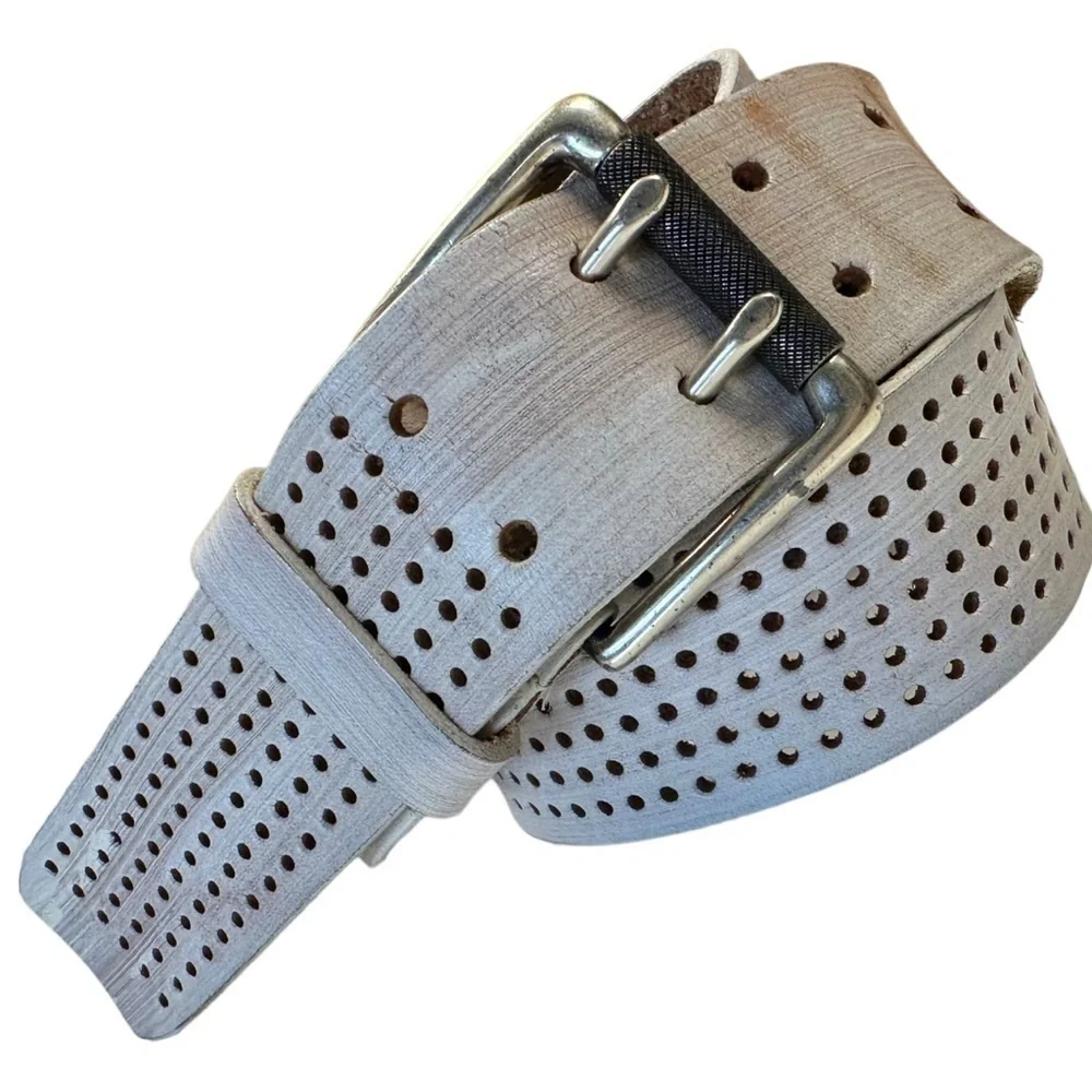 Vintage Y2K White Antiqued Punched Leather Belt
